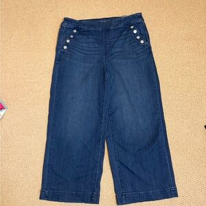 Chicos Wide Leg Jeans Womens Size 14 Blue BOHO Y2K Button Accent Pull on Crop